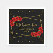 Rote Rose Black und Gold Quinceñera Serviette (Vorderseite)