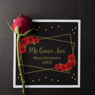 Rote Rose Black und Gold Quinceñera Serviette