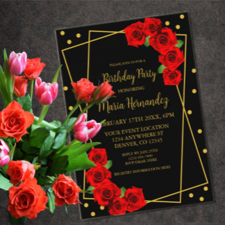 Rote Rose Black und Gold zum Geburtstag Acryleinladungen