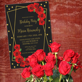 Rote Rose Black und Gold zum Geburtstag Einladung