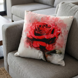 Rote Rose Blume Aquarell - wb Kissen