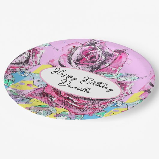 Rote Rose Blume Aquarellpapier Party Plättchen Pappteller (Schrägansicht)