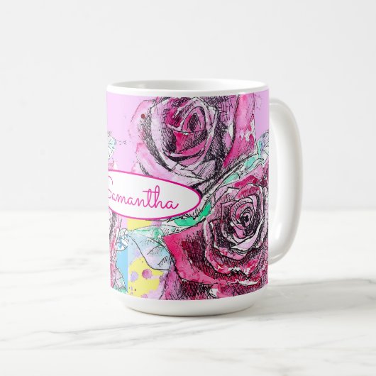 Rote Rose Blume Farbenfrohe rosa Kunst Kaffeetasse (VorderseiteRechts)