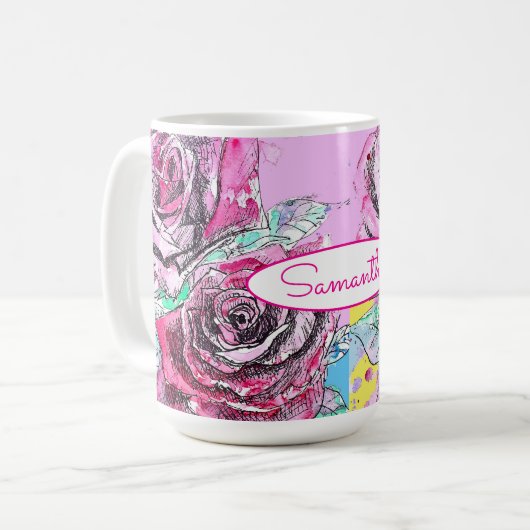 Rote Rose Blume Farbenfrohe rosa Kunst Kaffeetasse (Vorderseite Links)