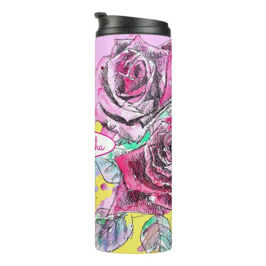 Rote Rose Blume Farbenfrohe rosa Kunst Thermosbecher (Nach rechts gedreht)