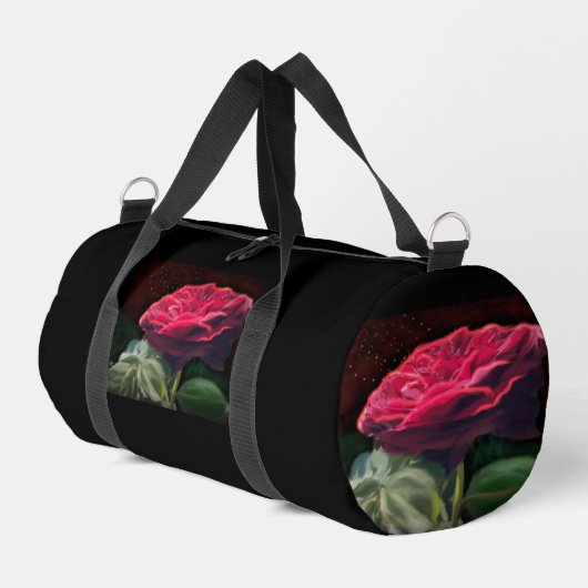 Rote Rose Blume Grüne Schwarze Kunst Blume Duffle Bag (Linke Seite)