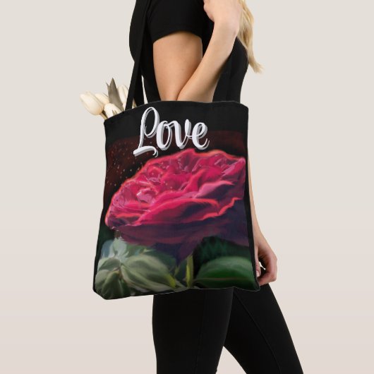 Rote Rose Blume Grüne Schwarze Kunst Blume Tasche (Von Nahem)