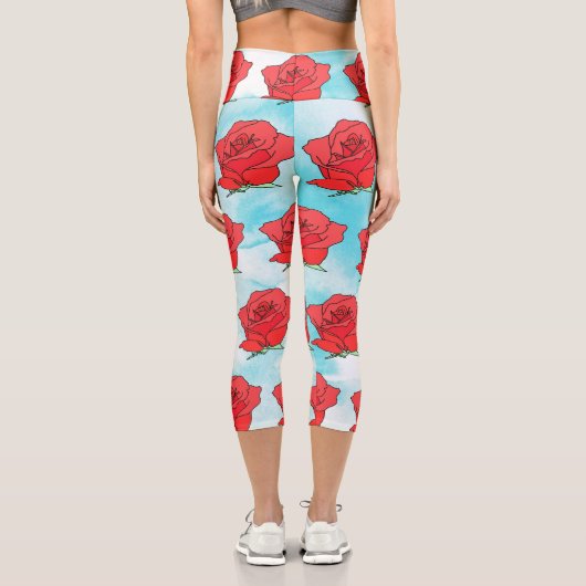 Rote Rose Blume Kunst Capri Leggings (Rückseite)