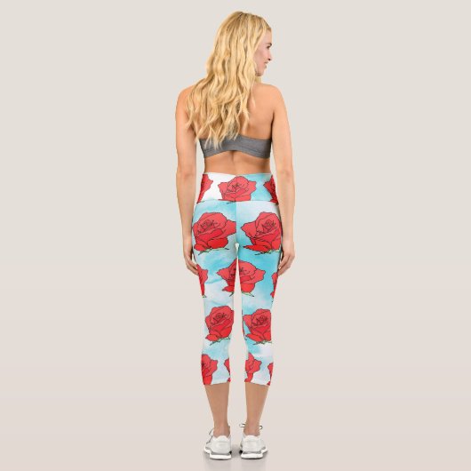 Rote Rose Blume Kunst Capri Leggings (Rückseite)