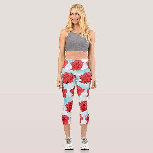 Rote Rose Blume Kunst Capri Leggings (Vorderseite)