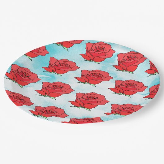 Rote Rose Blume Kunst Pappteller (Schrägansicht)