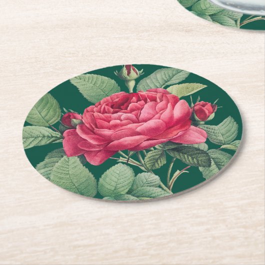 Rote Rose Blume mit grünen Blätter Runder Pappuntersetzer (Angewinkelt)