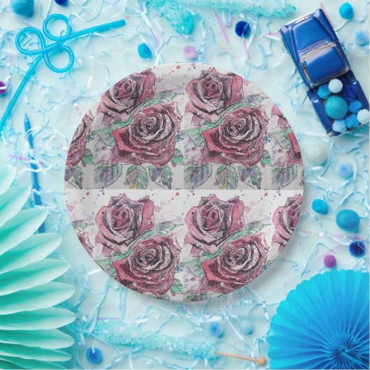Rote Rose Blume Muster Aquarellmalerei Pappteller (Party)