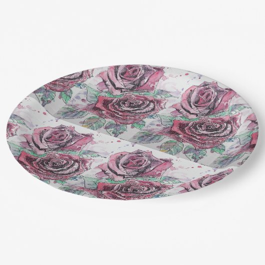 Rote Rose Blume Muster Aquarellmalerei Pappteller (Schrägansicht)