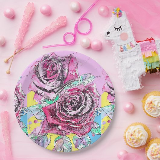 Rote Rose Blume Muster Art Party Tafel Pappteller (Party)