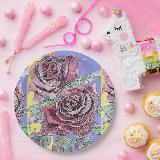 Rote Rose Blume Muster Lila Papierplatte Party Pappteller (Party)