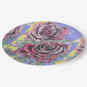 Rote Rose Blume Muster Lila Papierplatte Party Pappteller (Schrägansicht)