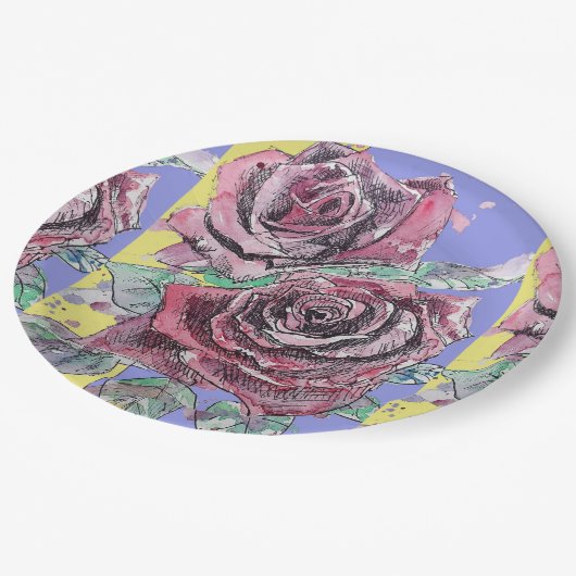Rote Rose Blume Muster Lila Papierplatte Party Pappteller (Schrägansicht)