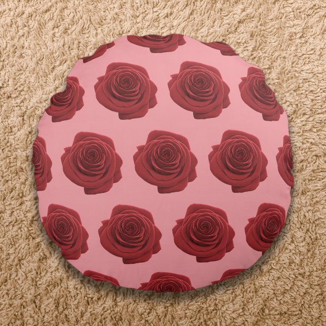 Rote Rose Blume Nahtloses Muster auf Rundes Kissen (Red Rose flower seamless pattern on round throw pillow)