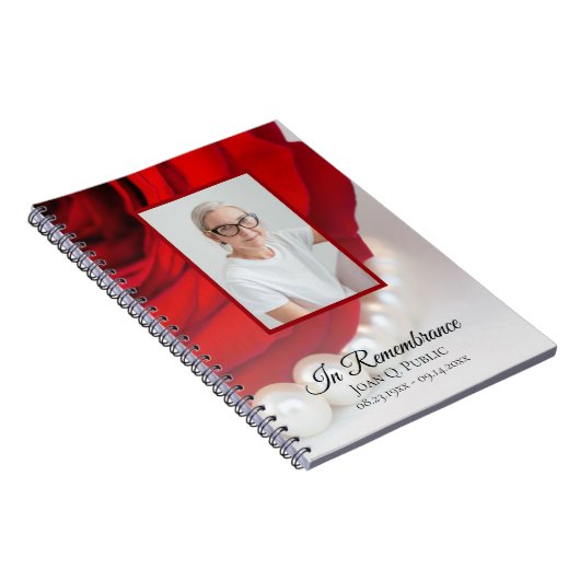 Rote Rose Blume Pearls Beerdigung Gedenkbuch Notizblock (Rechte Seite)