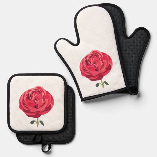 Rote Rose Blume Rote Rose Ofenhandschuh & Topflappen-Set (Vorderseite/Rückseite)