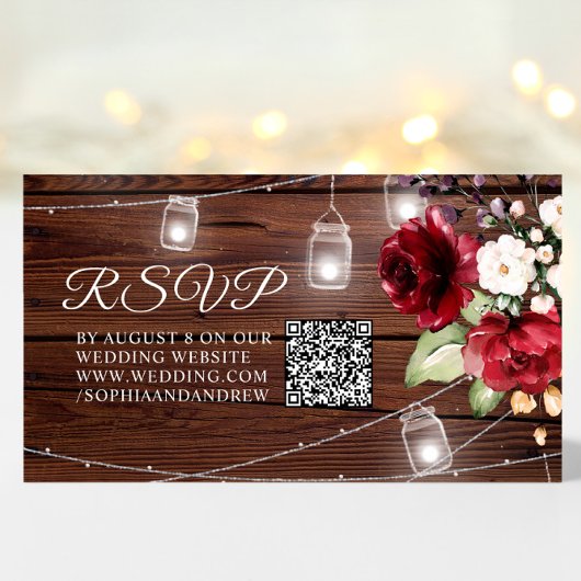 Rote Rose Blume Rustic Wood Wedding QR Code UAWG Begleitkarte