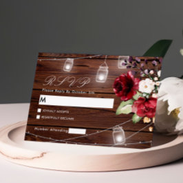 Rote Rose Blume Rustic Wood Wedding RSVP Card