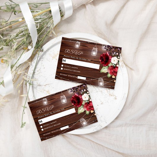 Rote Rose Blume Rustic Wood Wedding RSVP Card Karte
