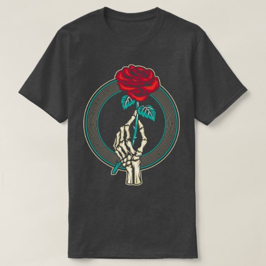 Rote Rose Blume Skeletthand T-Shirt (Design vorne)