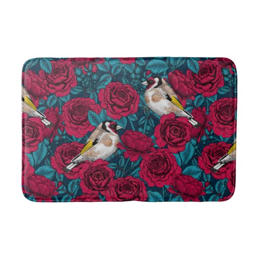 Rote Rose Blume und Goldflossenvögel Badematte (Vorderseite)