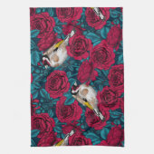 Rote Rose Blume und Goldflossenvögel Geschirrtuch (Vertikal)