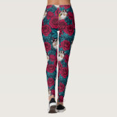 Rote Rose Blume und Goldflossenvögel Leggings (Rückseite)