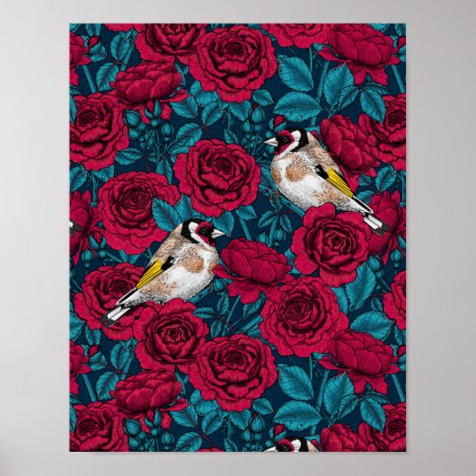 Rote Rose Blume und Goldflossenvögel Poster (Vorne)