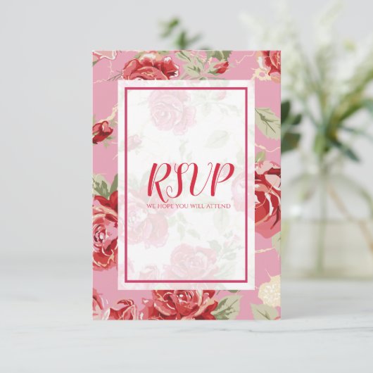 Rote Rose Blumendruck Save the Date RSVP Karte (Stehend Vorderseite)