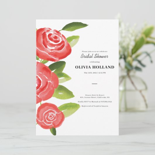 Rote Rose Blumendusche Einladung (Stehend Vorderseite)