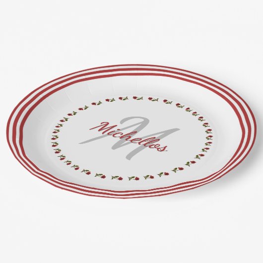 Rote Rose Blumenfotografie - Initial & Name Pappteller (Schrägansicht)