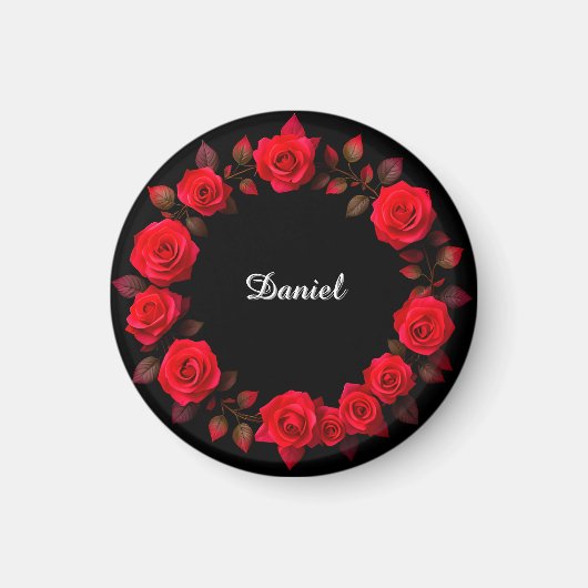 Rote Rose Blumenreath im Schwarzen Hintergrund Magnet (Vorne)