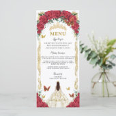 Rote Rose Blumenweißes Kleid Quinceañera XV Menü Programm (Stehend Vorderseite)