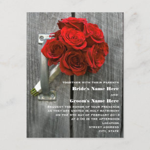 Rote Rose Bouquet & Barnwood Wedding Einladung