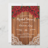 Rote Rose Braun Dusche Einladung rustikales Holz (Vorderseite)