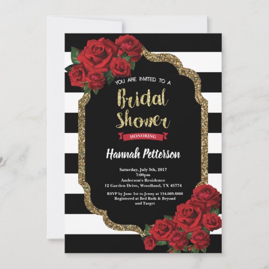 Rote Rose Braun Dusche Einladung schwarz und gold (Vorderseite)