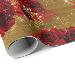 Rote Rose Bunch Sparky Glitzer Gold Metall Geschenkpapier
