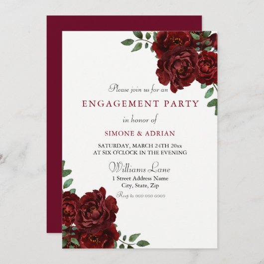 Rote Rose Burgund Elegante Engagement Partei Einladung (Vorne/Hinten)