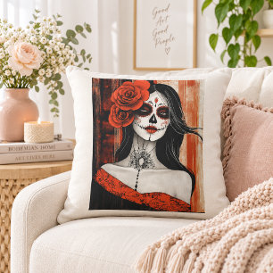 Rote Rose Catrina Frau Gothic Folk Art Design Kissen
