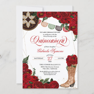 Rote Rose Charra Cowgirl Boots Western Quinceañera Einladung