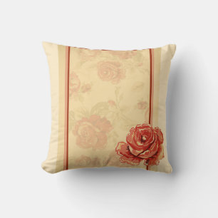Rote Rose, creme, braun-antikes Blumenmuster Kissen