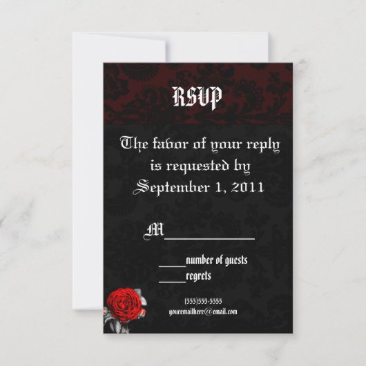 Rote Rose Damask Goth Wedding RSVP Einladungen (Vorderseite)