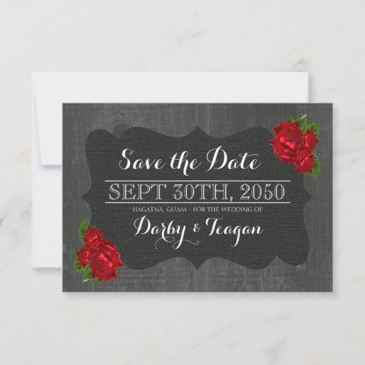 Rote Rose der Blüte Burlap Wood Gothic Save the Da Date (Vorderseite)