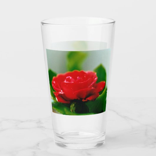 Rote Rose der Leidenschaft mit Taubstropfen Glas (Rückseite)