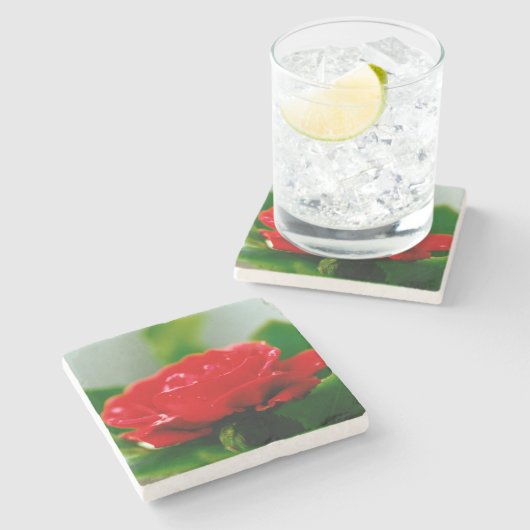 Rote Rose der Leidenschaft mit Taubstropfen Steinuntersetzer (Seitenansicht)